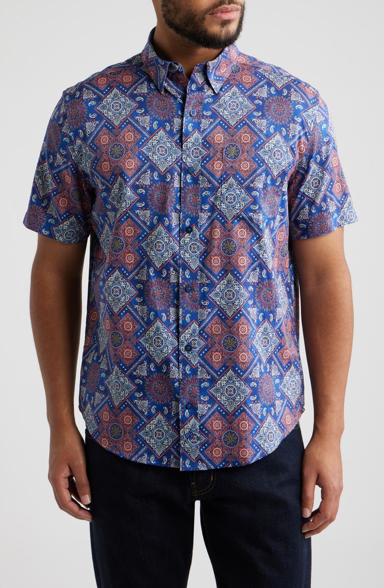 Johnston & Murphy Logan Geo Print Short Sleeve Cotton Blend Button-Up Shirt, Main, color, Navy / Red Bandana