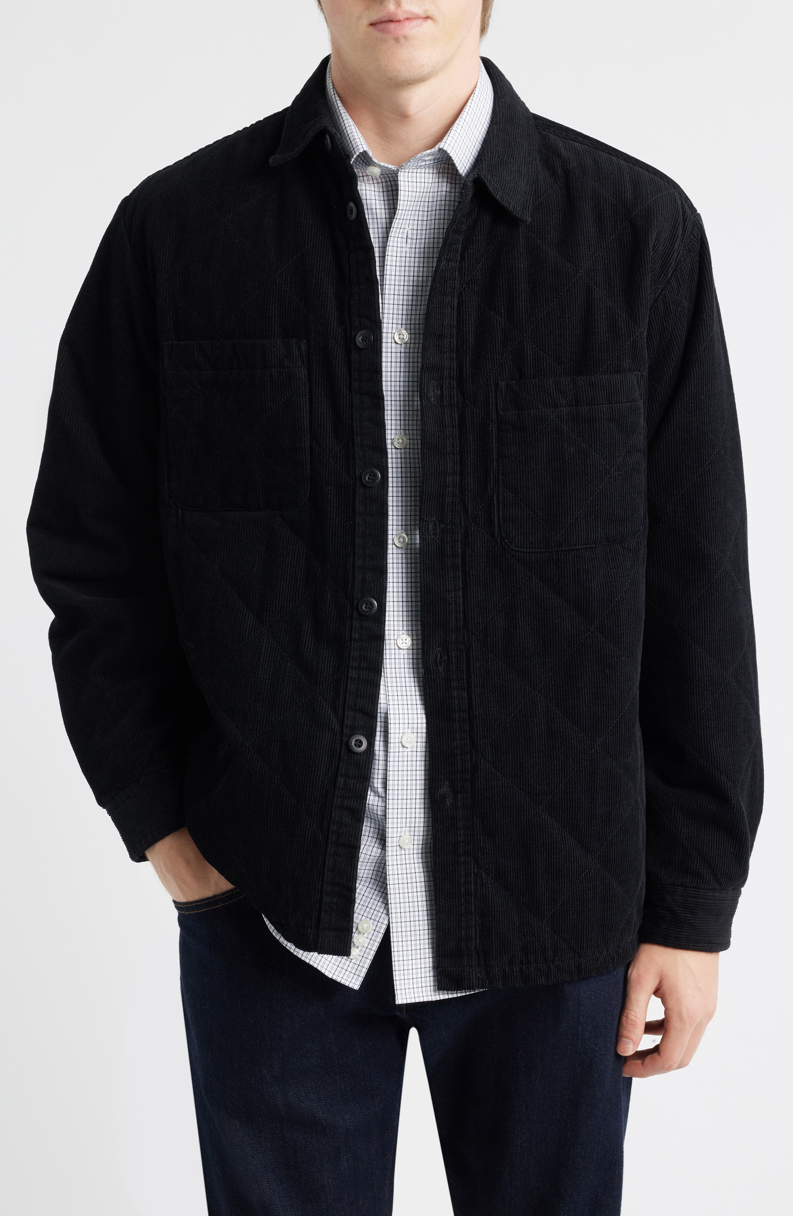 925 Originals Quilted Cotton Corduroy Button-Up Shirt Jacket in Black 