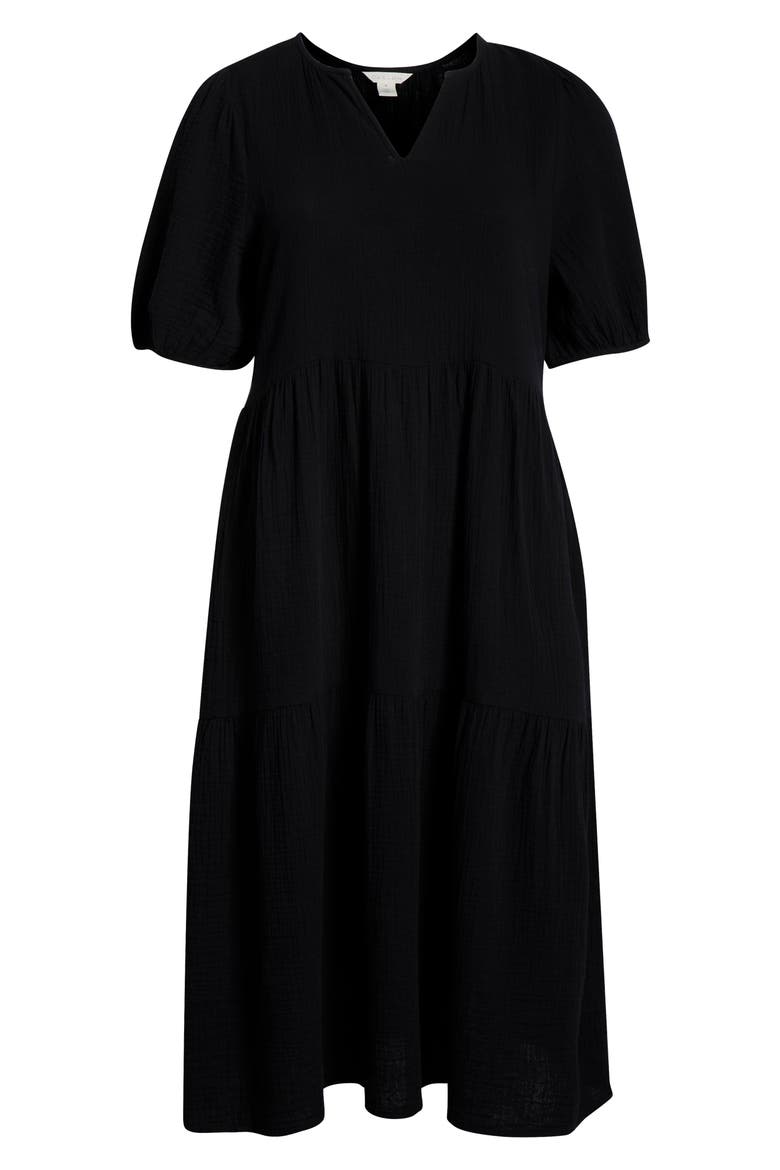 Puff Sleeve Cotton Gauze Midi Dress, Alternate, color, BLACK