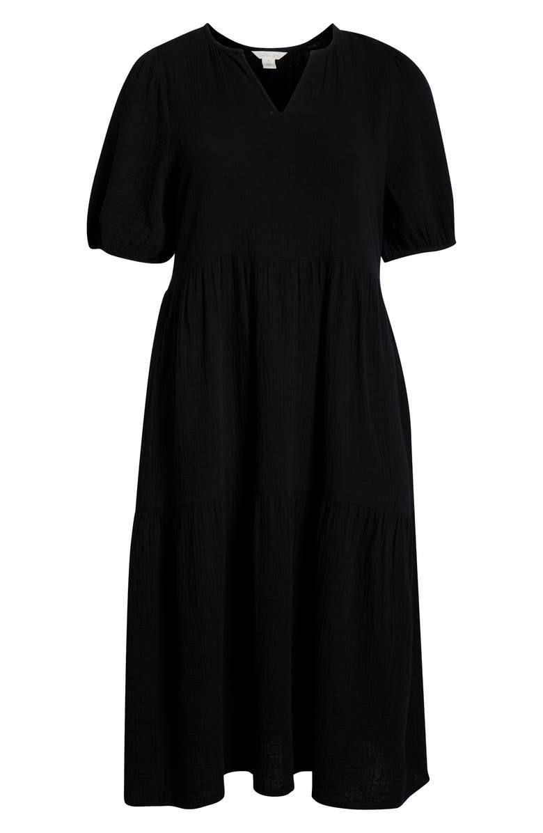 Caslon<sup>®</sup> Puff Sleeve Cotton Gauze Midi Dress, Alternate, color, Black