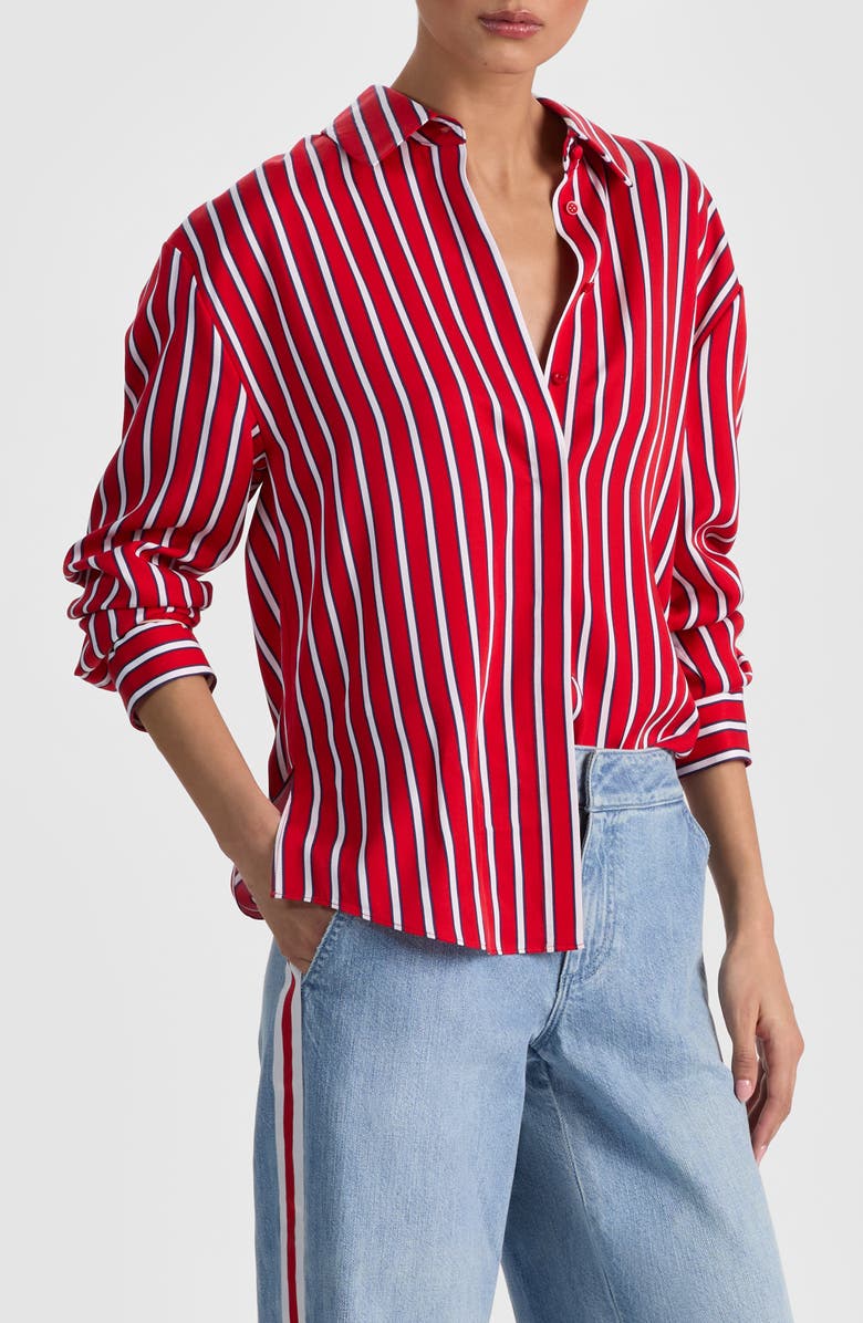 Alice + Olivia Dimitra Oversize Stripe Button-Up Shirt, Alternate, color, Teakwood Chili Pepper