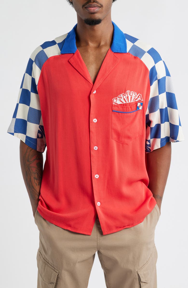 DIET STARTS MONDAY Pit Crew Camp Shirt, Main, color, Red/Blue