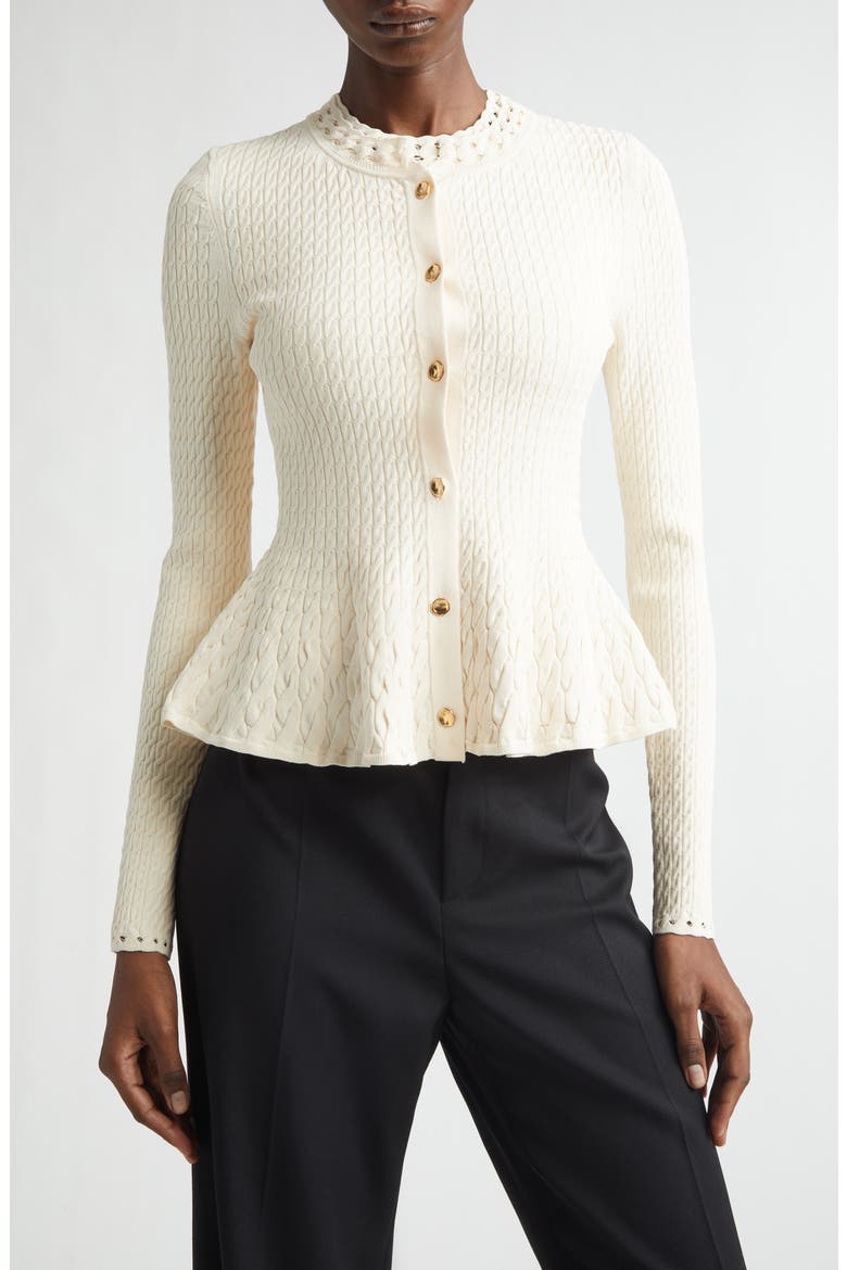 Cable Stitch Peplum Cardigan, Main, color, PLASTER