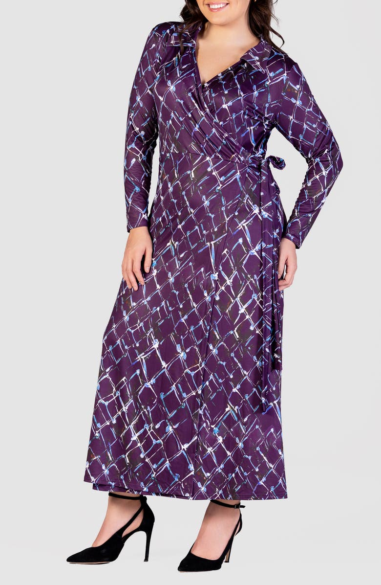 24seven Comfort Apparel Abstract Print Long Sleeve Wrap Front Maxi Dress, Alternate, color, Purple Multi