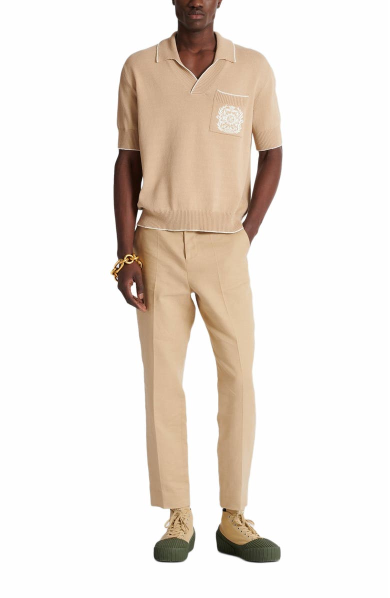 Balmain Écusson Embroidered Knit Polo Shirt, Alternate, color, Beige