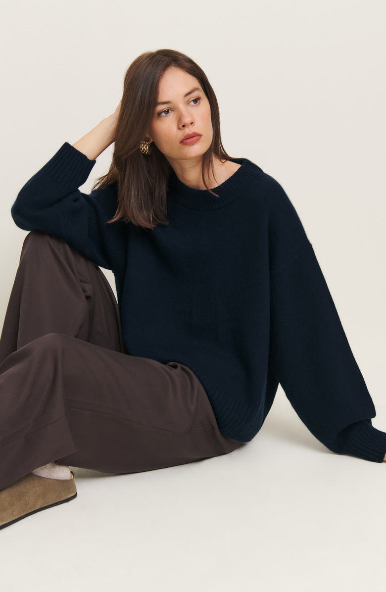 Reformation Cove Oversize Crewneck Cashmere Blend Sweater, Alternate, color, Navy