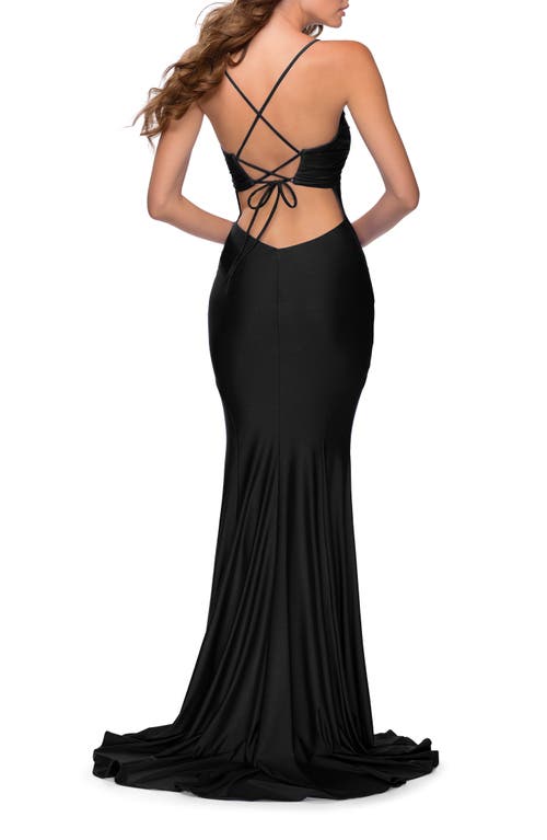 La Femme Form Fitting Dress With Ruched Bow Bodice In Black