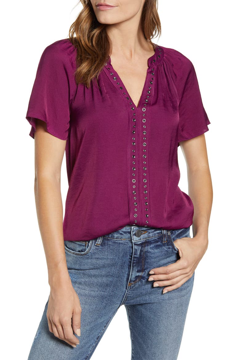 Stud Trim Hammered Satin Blouse, Main, color, PLUM NOIR