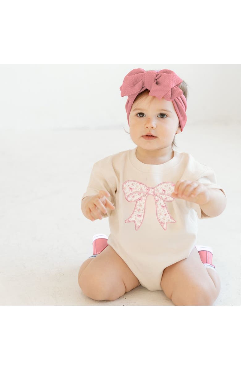 Sweet Wink Ditsy Floral Bow Patch Short Sleeve Romper, Alternate, color, Natural