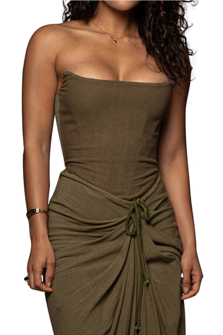 Fenix Strapless Cotton & Linen Corset Top, Main, color, GREEN