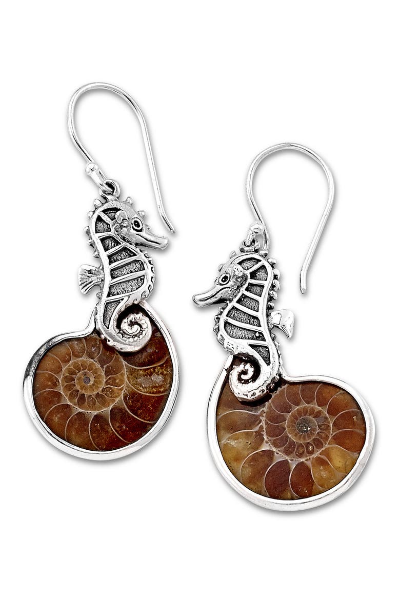 Ammonite Fossil Drop Earrings, Main, color, SILVER/ AMMONITE