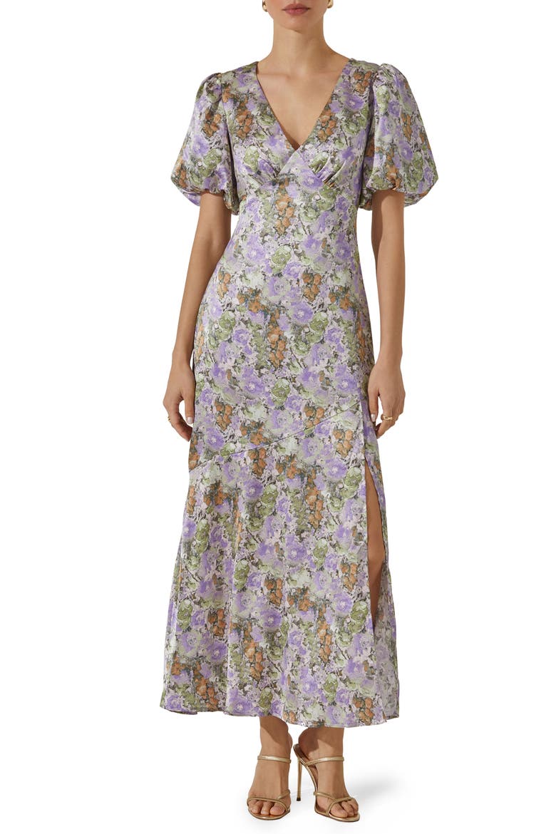 Floral Puff Sleeve Satin Maxi Dress, Main, color, PURPLE GRE