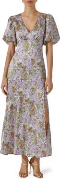ASTR the Label Floral Puff Sleeve Satin Maxi Dress