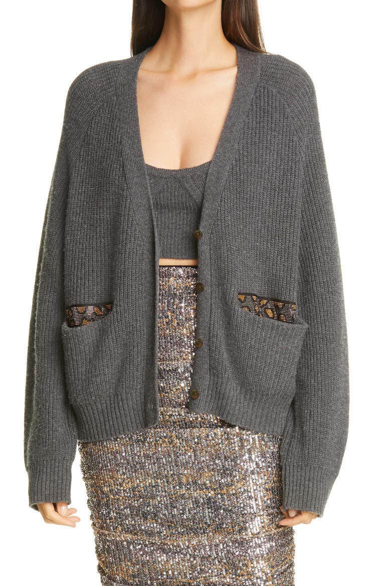 B2B Embellished Pocket Wool Blend Cardigan, Main, color, CHARCOAL
