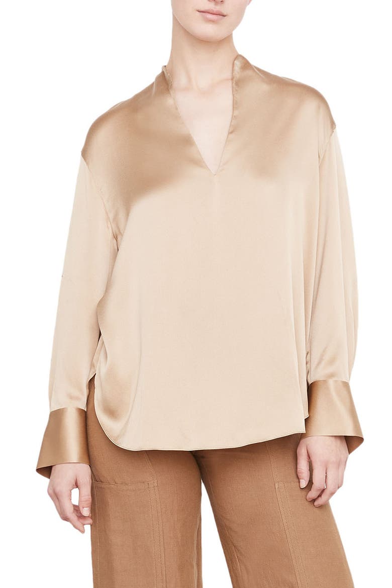 Split Neck Silk Blouse, Main, color, PALE WHEAT