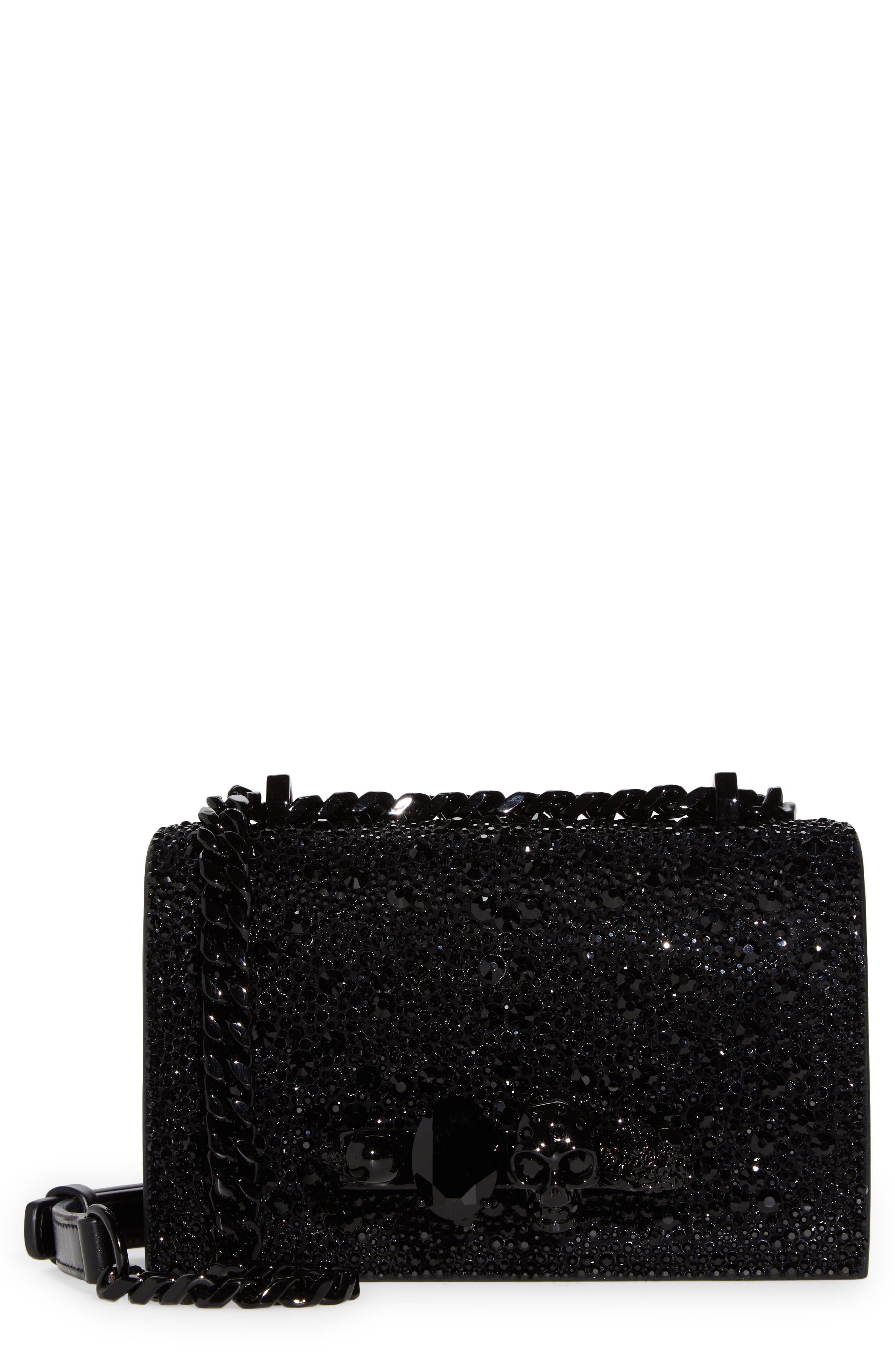 McQueen Mini Jeweled Crystal Embellished Leather Satchel, Main, color, Black