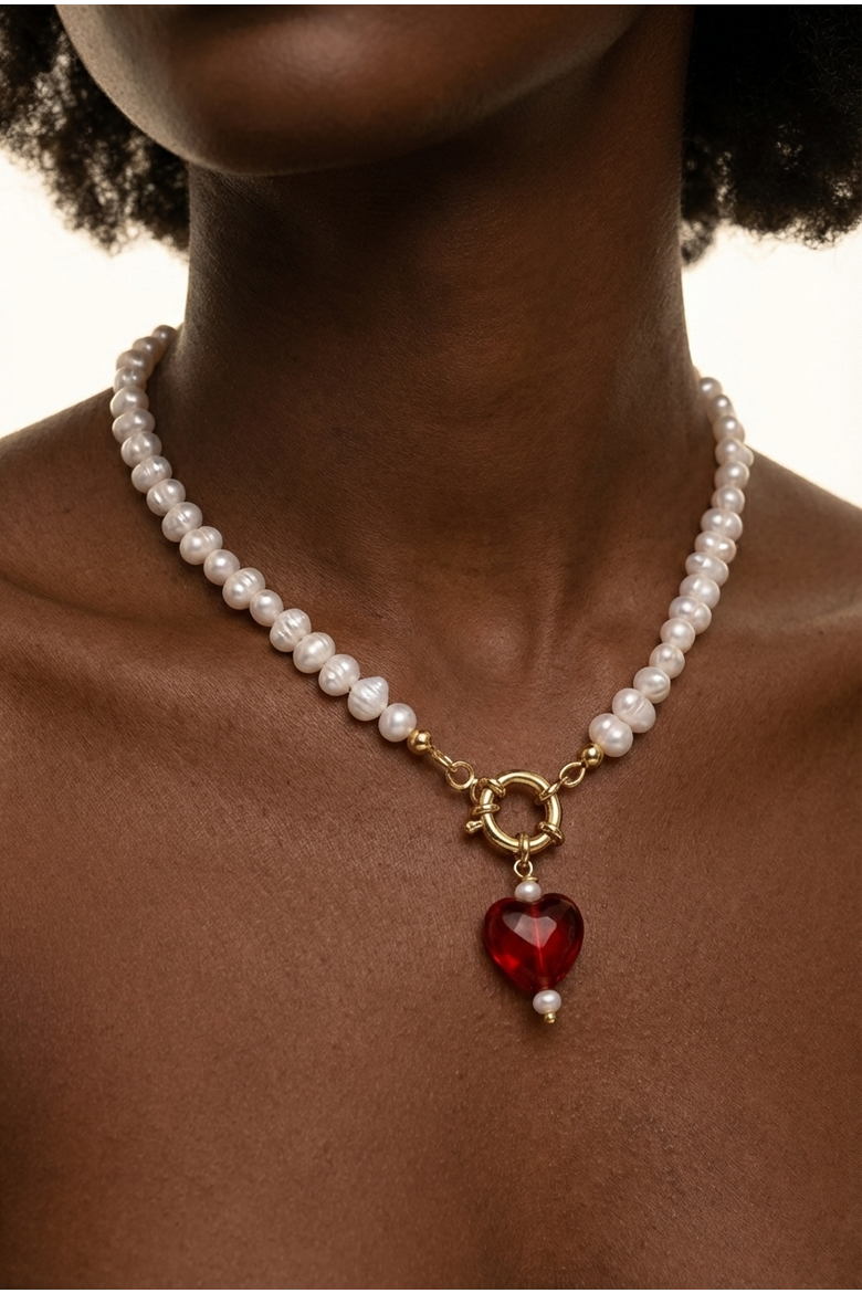 Kokoro Red Heart Freshwater Pearl Necklace, Alternate, color, Red and Gold