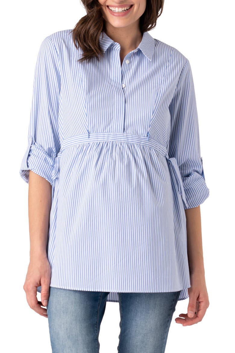 Stripe Tie Belt Long Sleeve Maternity Shirtdress, Main, color, DARK BLUE