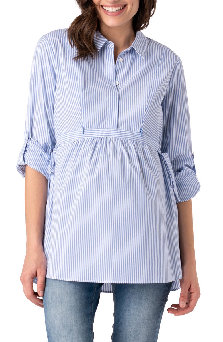 Seraphine Stripe Tie Belt Long Sleeve Maternity Shirtdress, Main, color, 