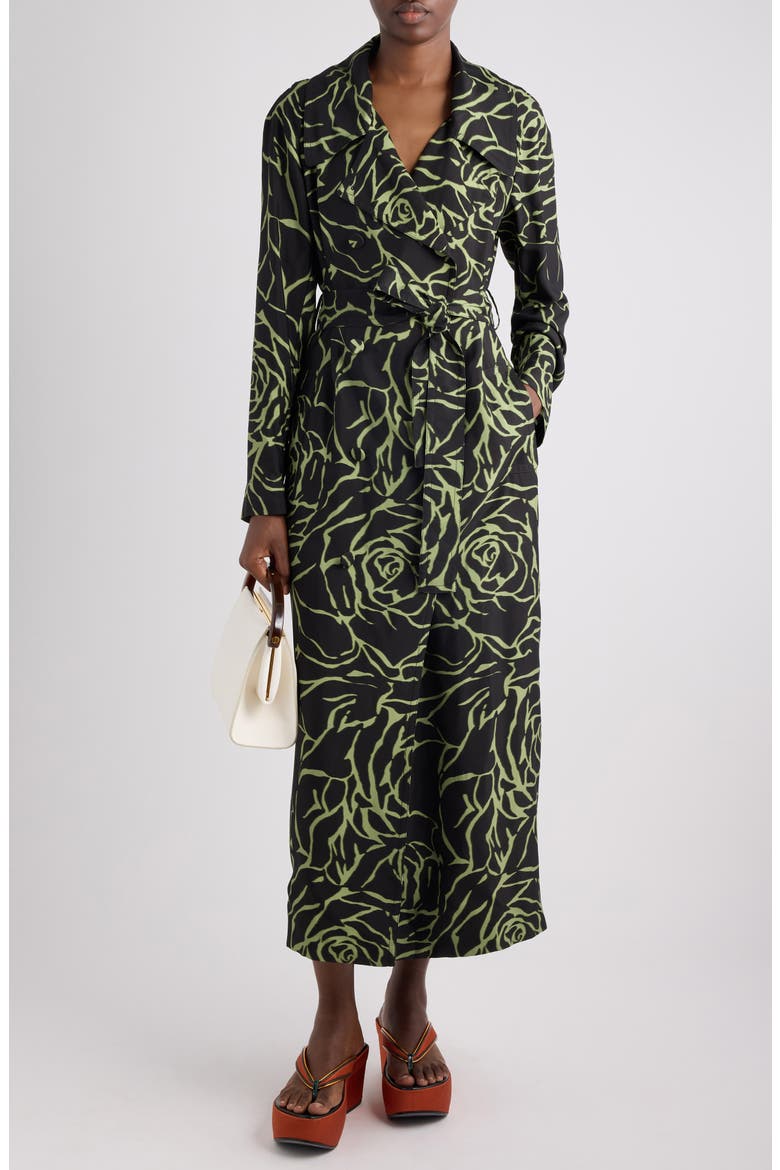 Rolana Giant Couture Rose Print Belted Crepe Trench Coat, Alternate, color, BLACK