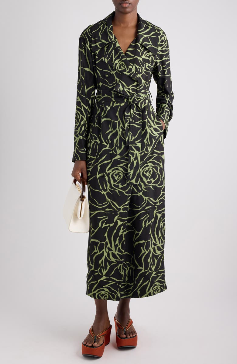 Dries Van Noten Rolana Giant Couture Rose Print Belted Crepe Trench Coat, Alternate, color, Black