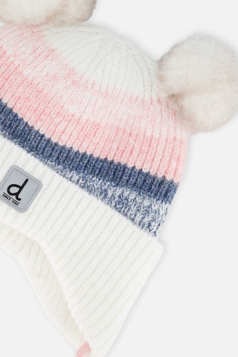 Striped Fleece Lined Pompom Ear Flap Winter Knit Hat, Alternate, color, Off-White, Pink and Blue