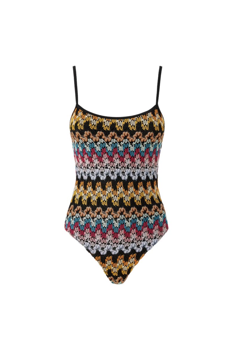 One-piece Swimsuit In Lamé Viscose Lace, Alternate, color, Black Multi