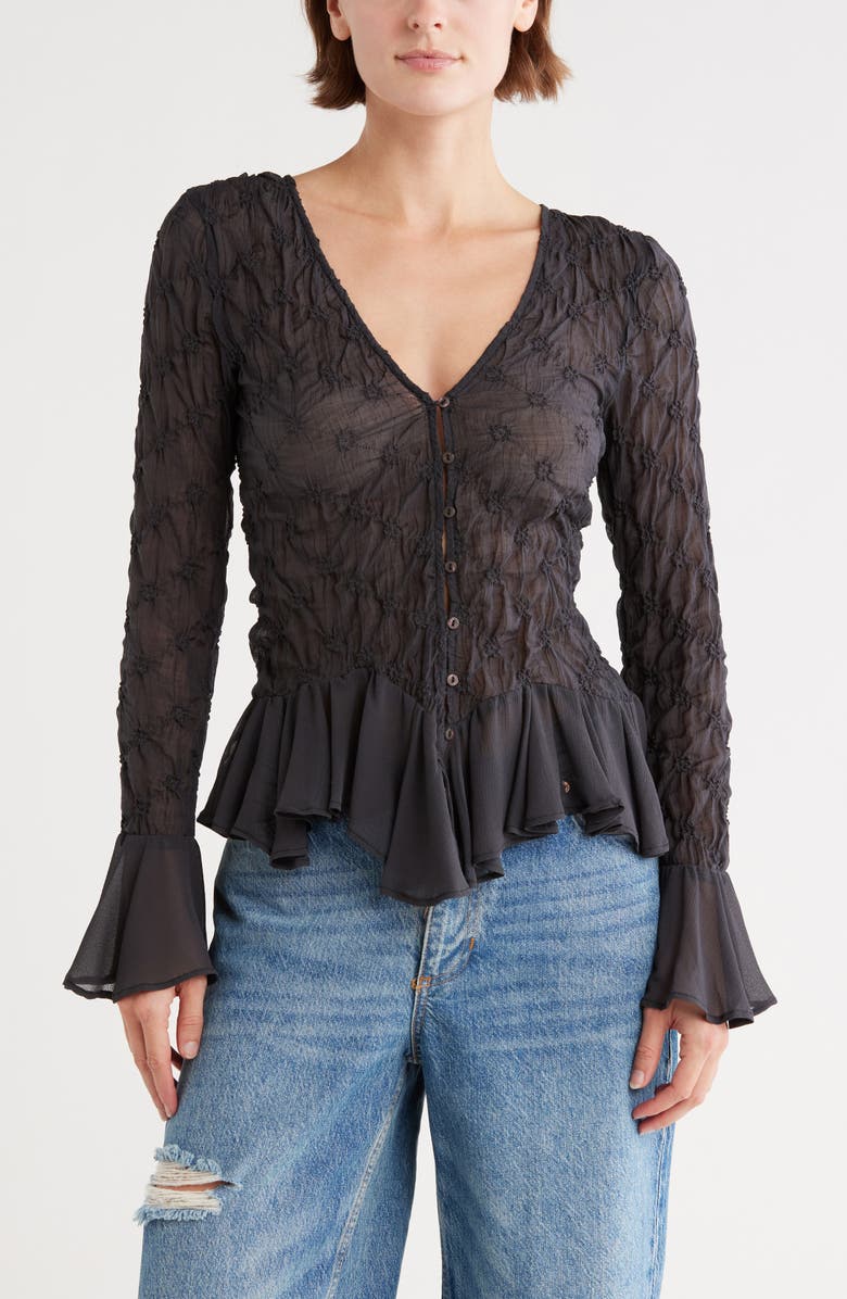 Free People Elias Smocked Long Sleeve Button-Up Top, Main, color, Black