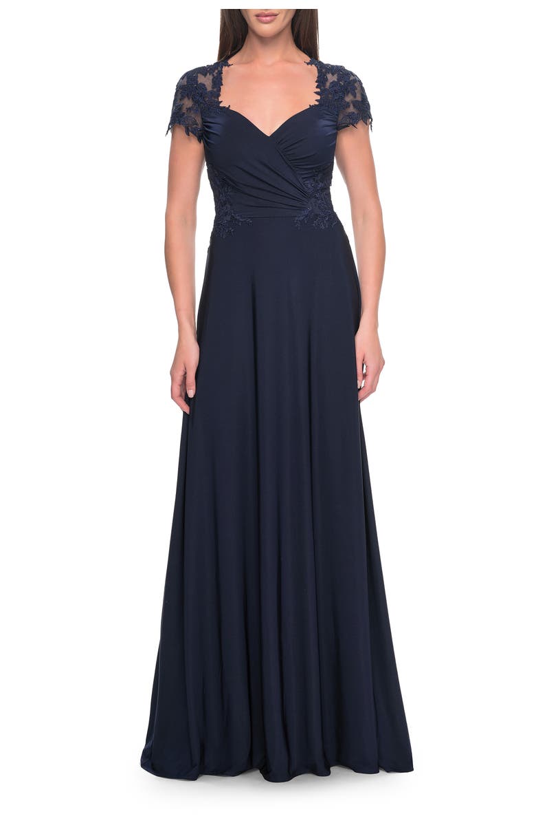 La Femme Elegant Jersey Evening Dress with Lace Details, Main, color, Navy