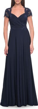 La Femme Elegant Jersey Evening Dress with Lace Details