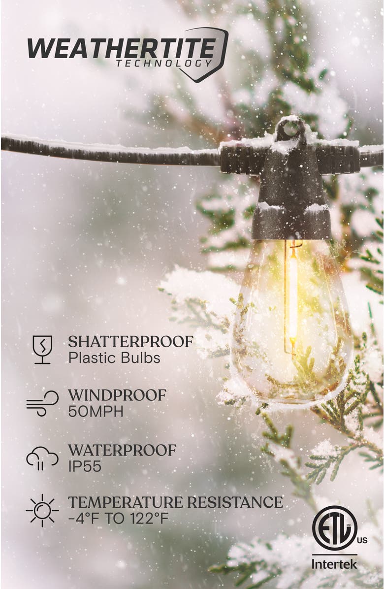 Brightech 27 ft or 48 ft, Solar‑Powered Heavy Duty LED Outdoor String Lights, Weatherproof and Shatterproof Bulbs, Alternate, color, 48 Ft 15 Bulbs | Soft White