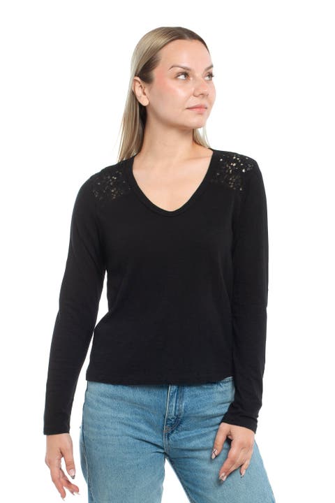 V-Neck Long Sleeve Mixed Media Tee with Lace Inset