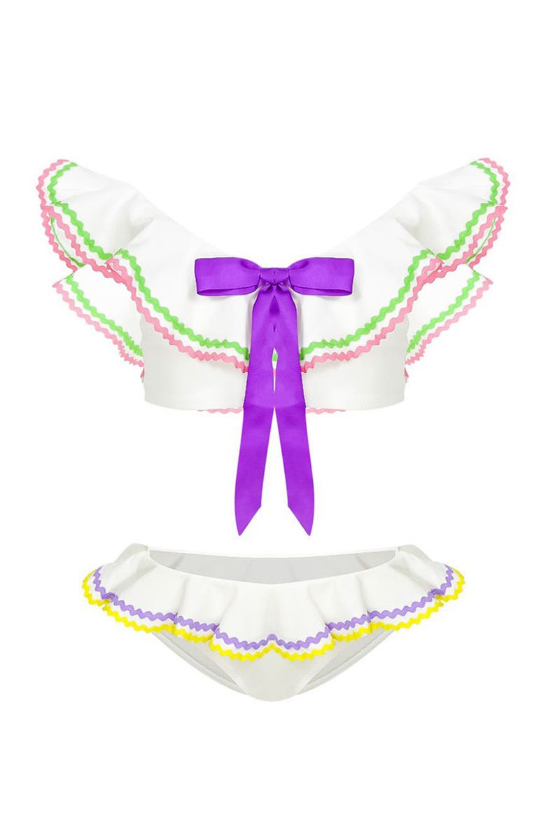NESSI BYRD Ruffle & Bow Detail Two Piece Bikini,Toddler-Little Kid & Big Kid, Main, color, White