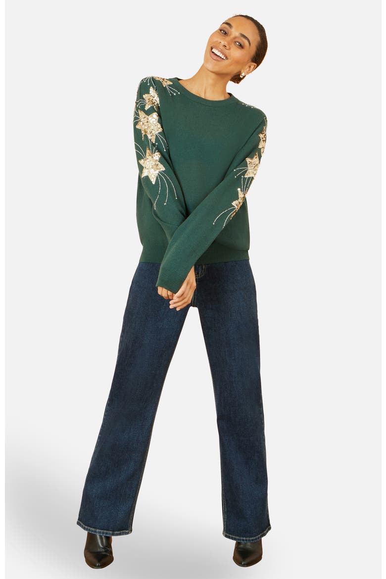 Sequin Star Sleeves Jumper, Alternate, color, Green