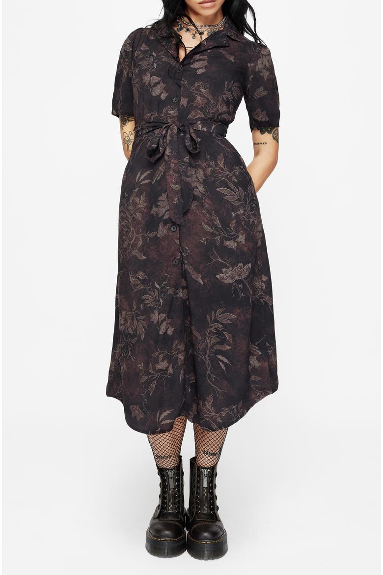 Ashmire Moth Print Tie-Waist Shirt Dress, Alternate, color, Black