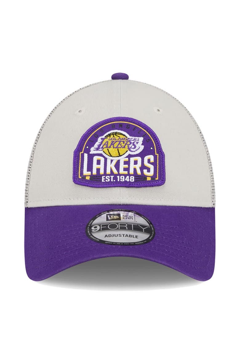 Men's New Era Khaki/Purple Los Angeles Lakers Throwback Patch Trucker 9FORTY Adjustable Hat, Alternate, color, Khaki