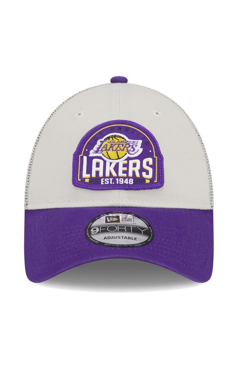 New Era Men's New Era Khaki/Purple Los Angeles Lakers Throwback Patch Trucker 9FORTY Adjustable Hat, Alternate, color, Khaki