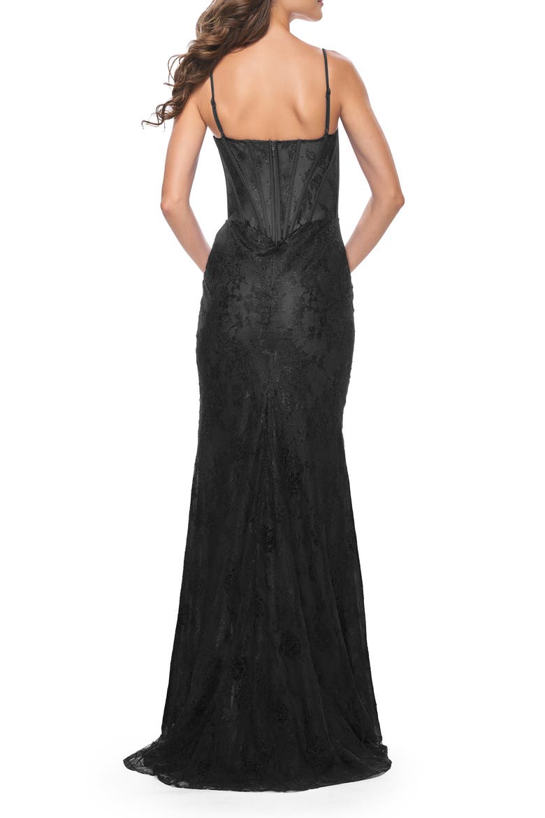 Stretch Lace Fitted Dress with Illusion Bustier Top, Alternate, color, Black