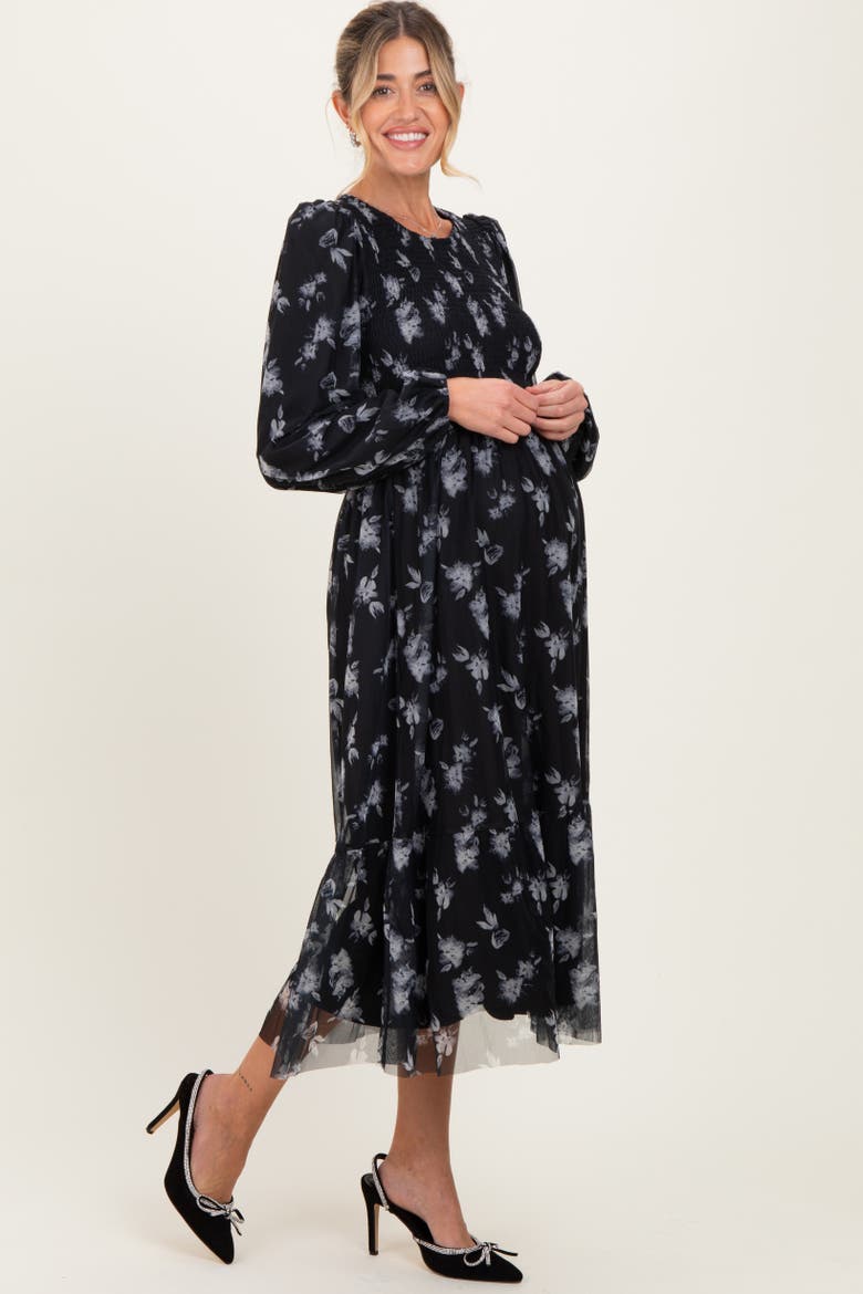 Floral Mesh Smocked Midi Dress, Alternate, color, Black