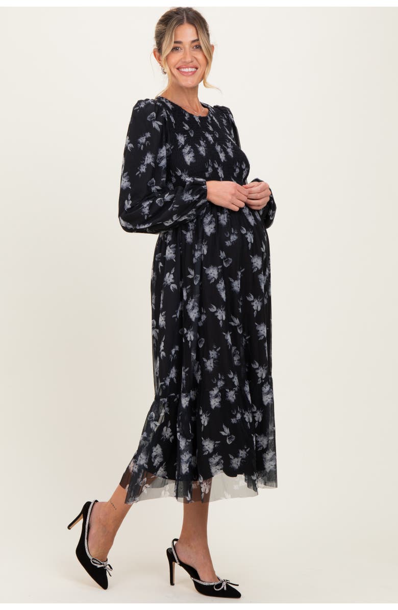 PinkBlush Floral Mesh Smocked Midi Dress, Alternate, color, Black