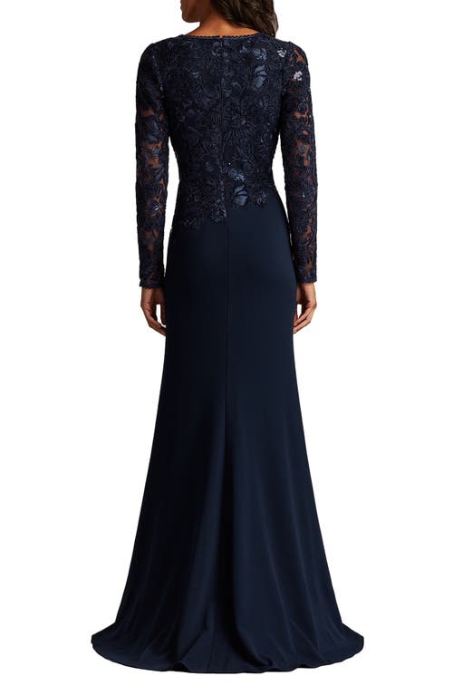 Tadashi Shoji Embroidered Bodice Long Sleeve Gown In Blue