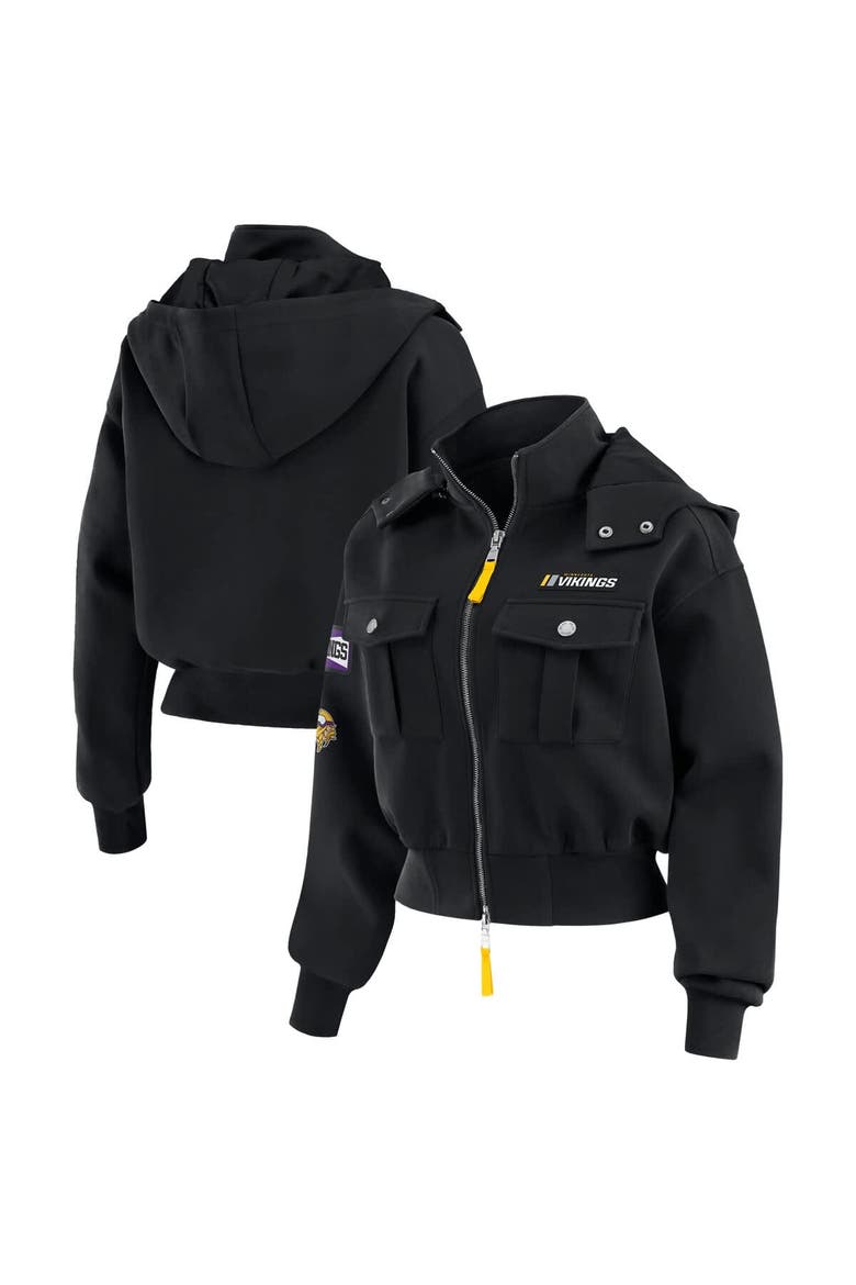 Women's WEAR by Erin Andrews  Black Minnesota Vikings Patch Pocket Cropped Full-Zip Bomber Jacket, Main, color, Black