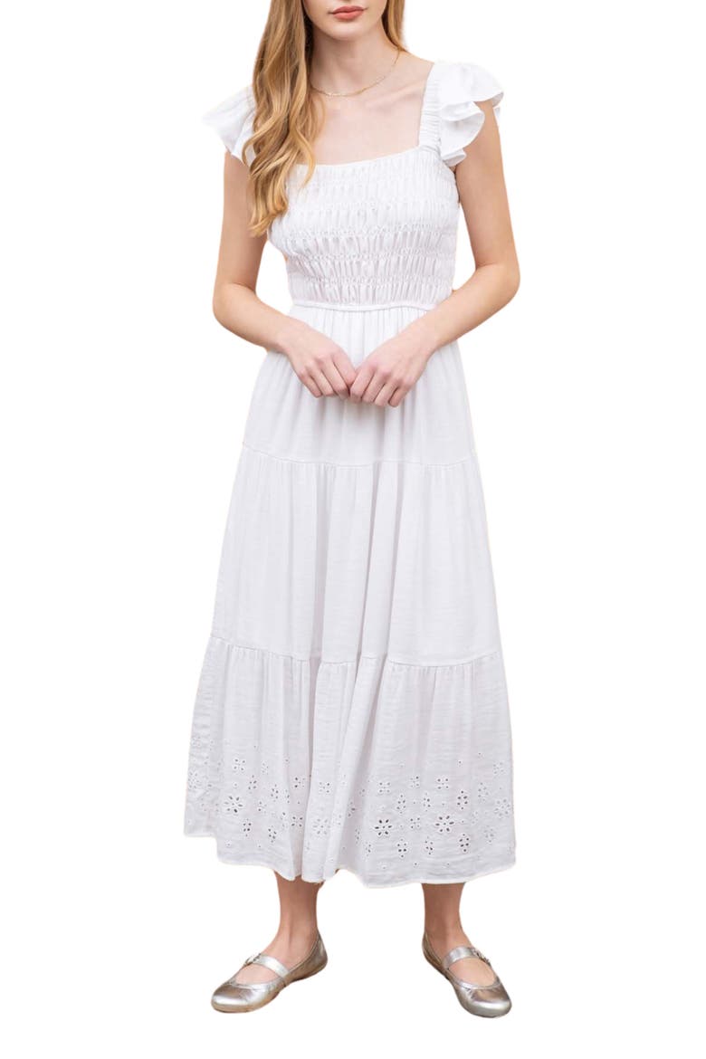 Eyelet Flutter Sleeve Midi Dress, Main, color, WHITE