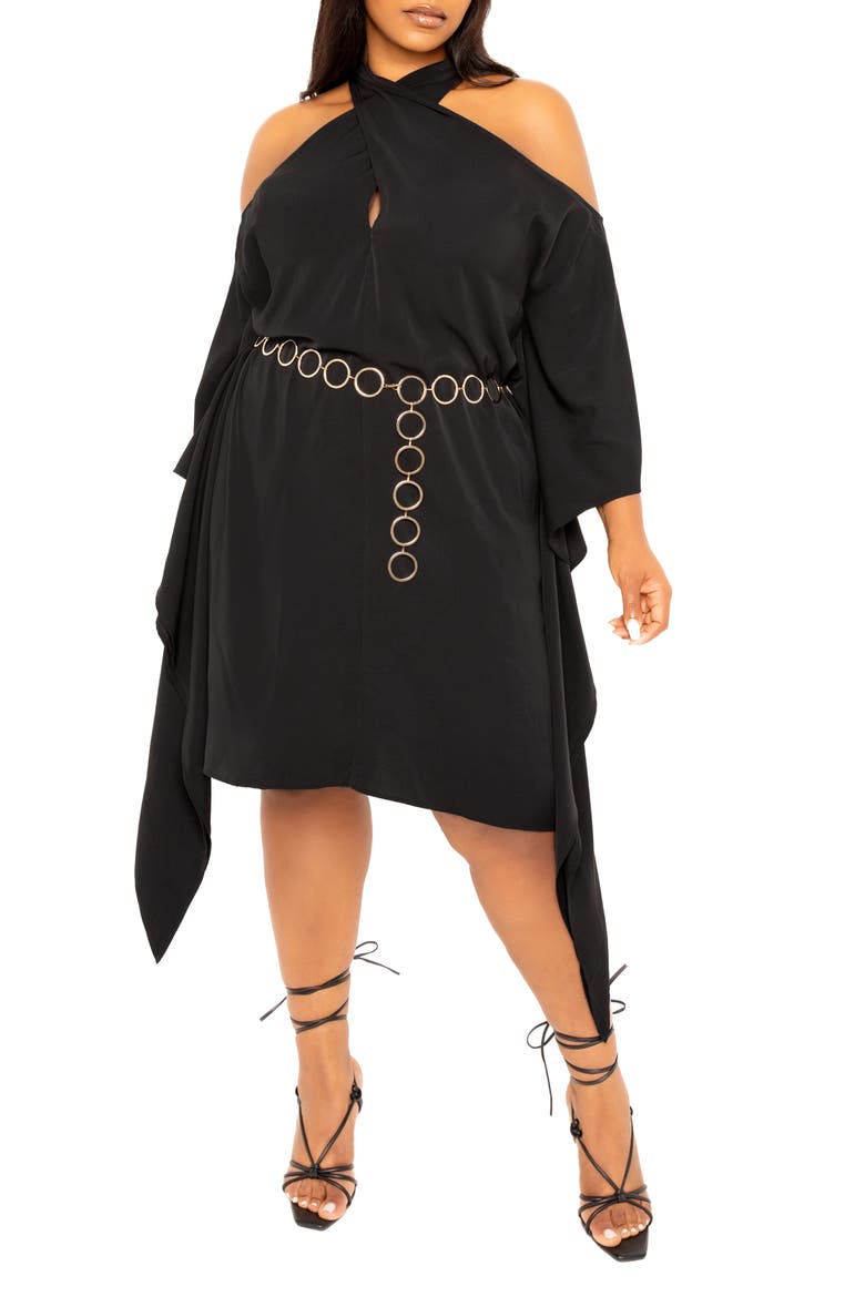 Cross Halter Belted Tunic Dress, Main, color, BLACK