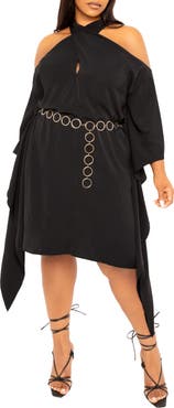 BUXOM COUTURE Cross Halter Belted Tunic Dress