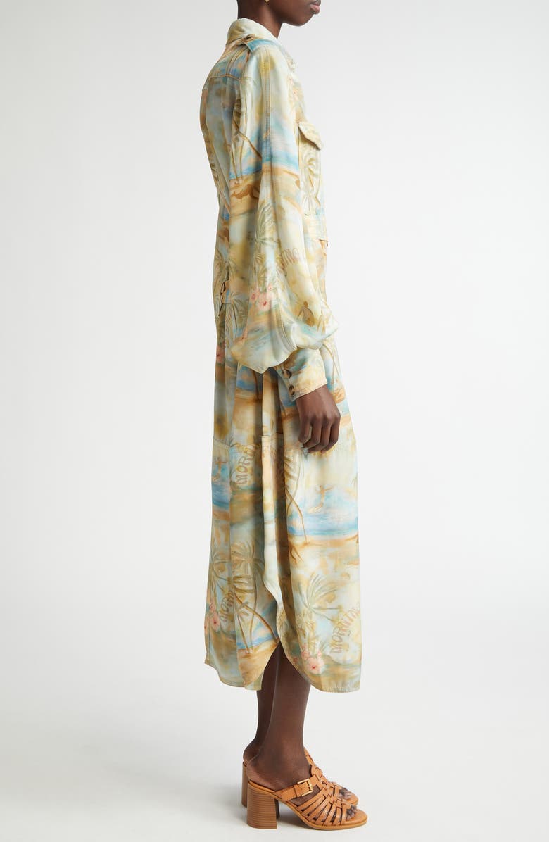 Tropical Print Long Sleeve Belted Cargo Shirtdress