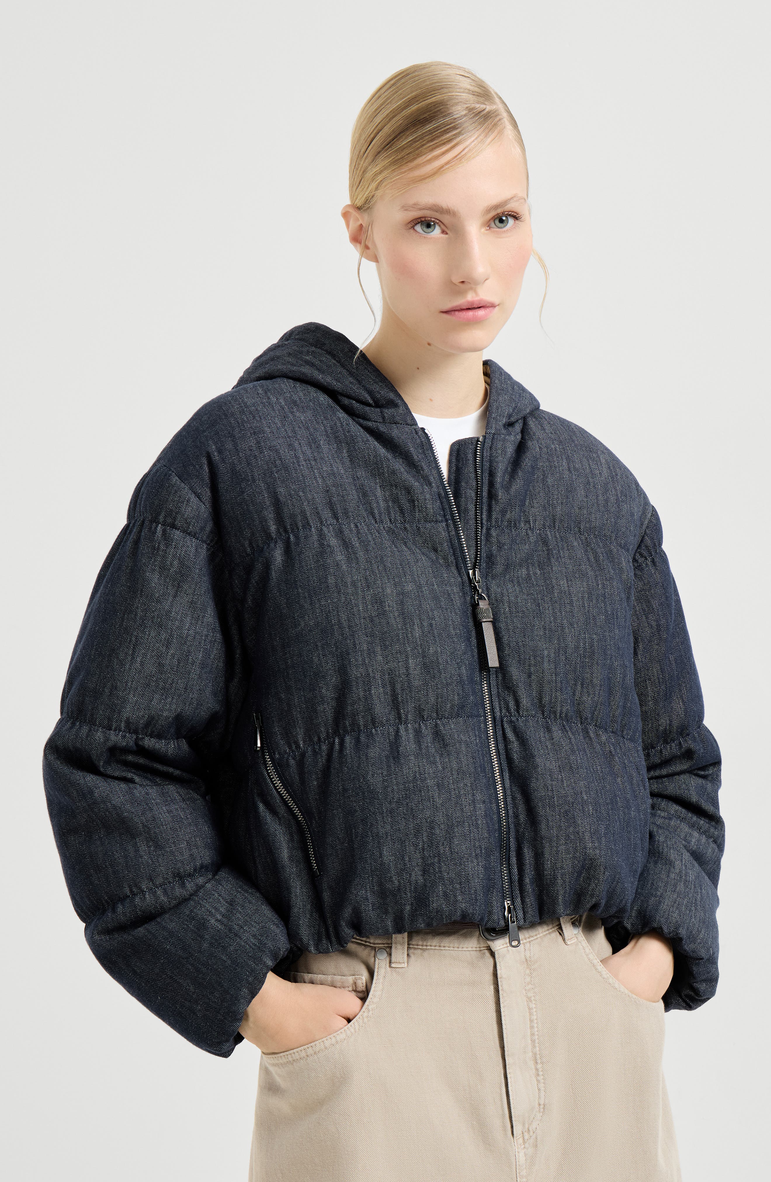 Denim-effect twill down jacket