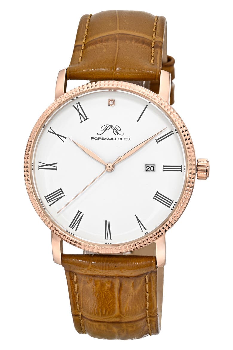 Veritas 1 Croc Embossed Leather Strap Watch, 40mm, Main, color, ROSE