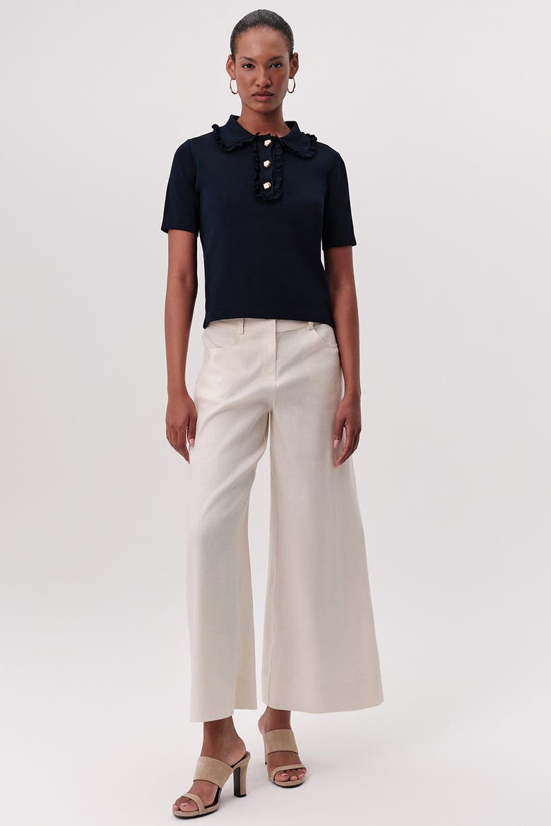 Parker Ruffle Collar Short Sleeve Knit Blouse, Alternate, color, Navy