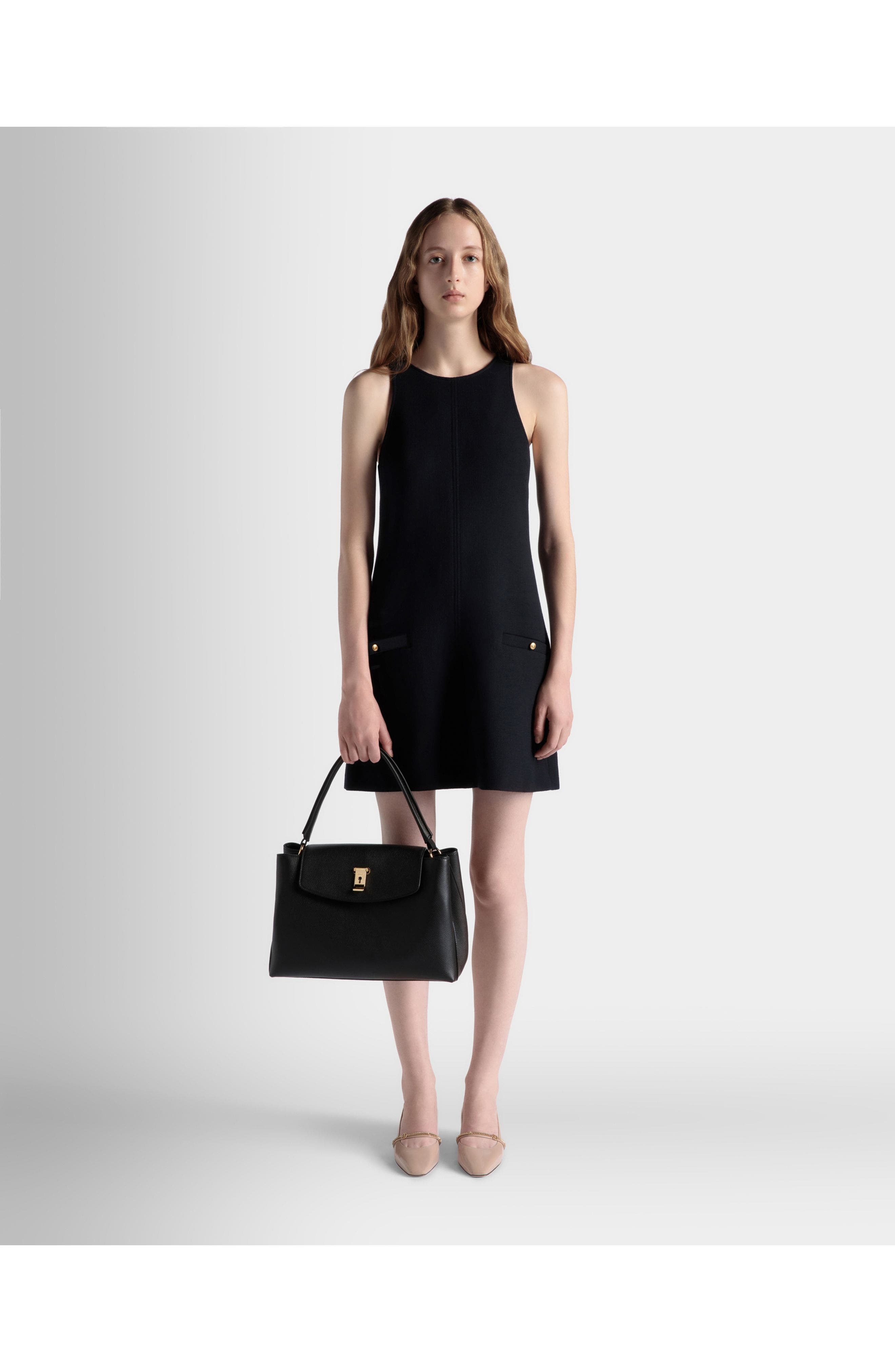 Bally Lock Me Top Handle Bag In Leather, Alternate, color, Black